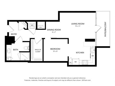 Floor plan for 1 bed, 1 bath, 770 sqft